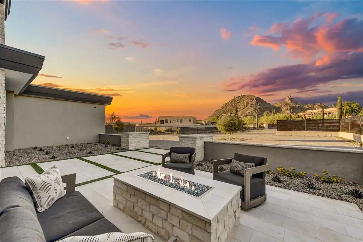 Front firepit view at dusk