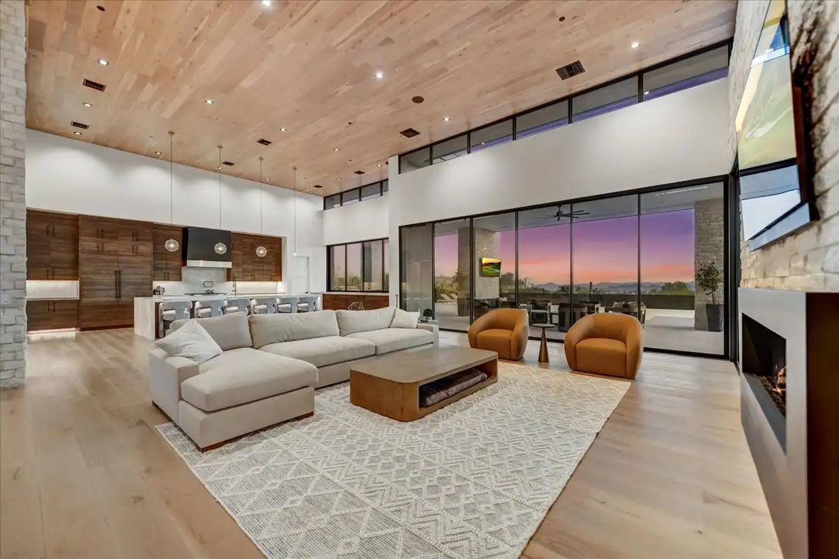 Great room with vaulted ceiling and natural light